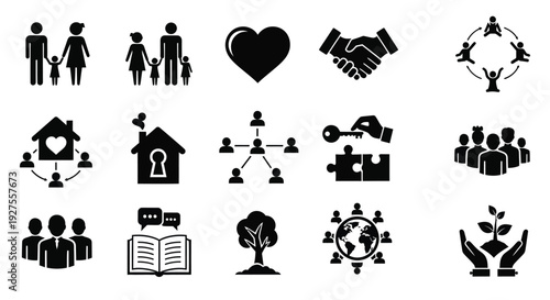 Collection of black silhouette icons representing community love and growth
