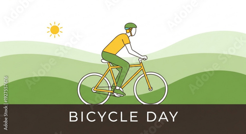 Man riding bicycle on green hills with sun on a sunny day