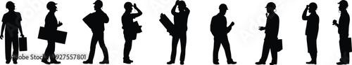 Construction worker silhouettes collection in different poses, engineer and builder black vector set isolated on white background illustration