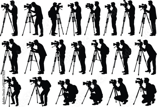 Professional cameraman silhouettes collection, video camera operator filming action poses set, black vector illustration isolated