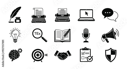 Collection of black icons representing writing communication and creativity