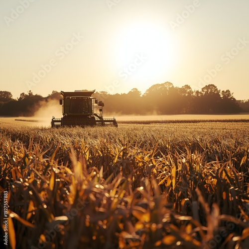 Combine harvester working in golden wheat field at sunset during autumn harvest countryside