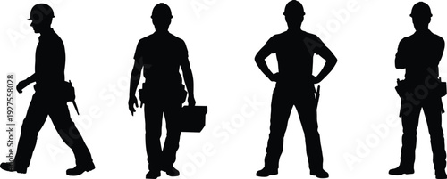 Construction worker silhouettes set, builder with helmet and tools black vector illustration isolated on white background