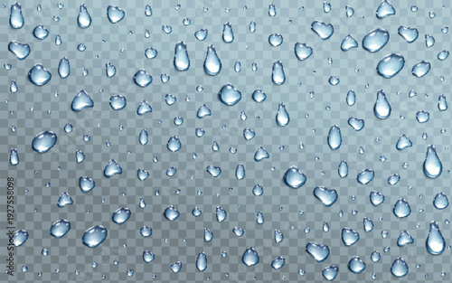 A close-up view of clear water droplets on a transparent background with a subtle grey and white checkered pattern.