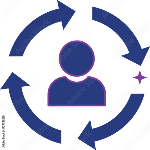 Person icon surrounded by circular rotating arrows for life cycle