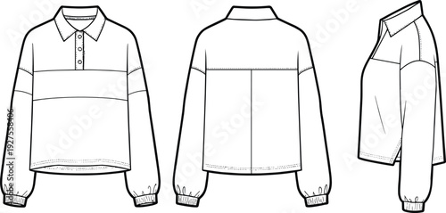Women Long Sleeve Polo Shirt Technical CAD Drawing, Front Back and Side View Flat Vector Illustration