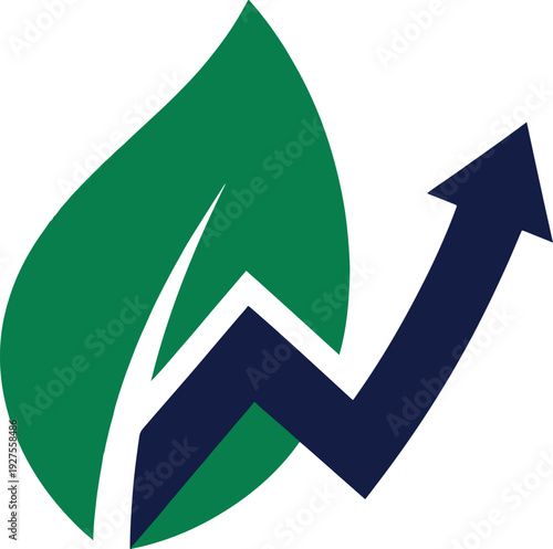 Green leaf with dark blue arrow showing growth and upward trend