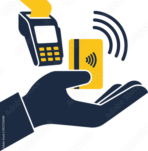 Hand holding contactless payment card near payment terminal