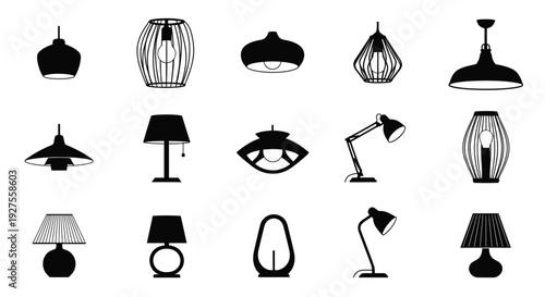 Various lamps and lighting fixtures displayed in a clean modern black and white silhouette style