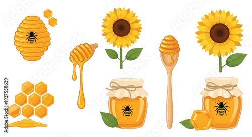 Honeycomb sunflowers jars and honey dippers arranged in a cheerful illustrative design