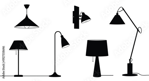 Variety of lamps displayed in a black silhouette design against a clean white background