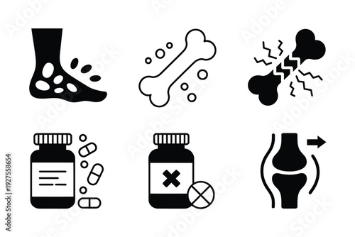 Bone pain vector icons set including ankle, bone, joint and medication