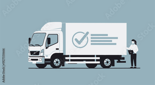 Delivery truck illustration with checkmark person and minimalist design silhouette