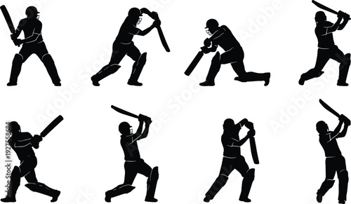Cricket batsman silhouettes set showing different batting action poses isolated on white background, professional sports vector illustration collection design