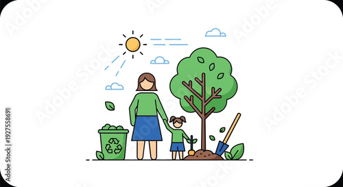 A mother and child planting a tree with recycling bin sunny day silhouette