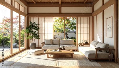 Serene Japanese interior featuring natural light, wooden accents, garden view, & minimalist design