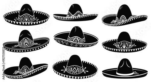 Collection of sombrero hats in silhouette various angles detailed decorative patterns festive design
