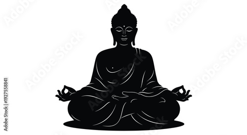Seated buddha figure in meditative pose a striking black silhouette against a clean white background