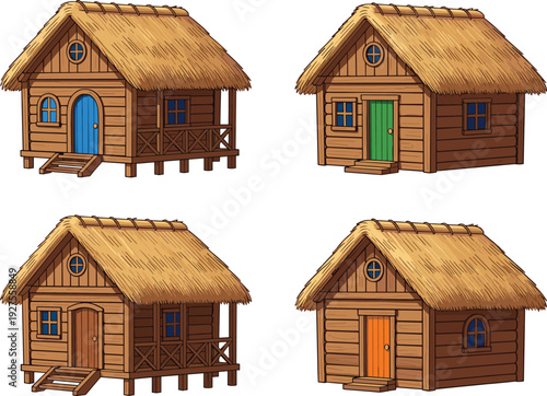 Wooden hut cottage collection set, rustic straw roof small village houses, cartoon vector illustration