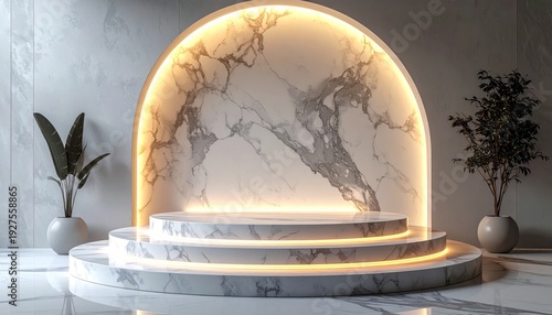 Luxurious marble stage with arch, subtle lighting, and potted plants for an elegant presentation
