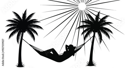 Palm trees hammock and relaxing figure under a bright sun presented as a striking silhouette
