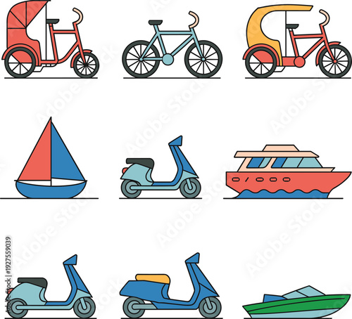 Flat vector transportation set featuring bicycle, rickshaw, scooter, sailboat and motorboat icons in modern minimal style isolated on white background for travel design