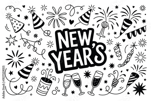 New Year's celebration illustration with party elements and fireworks