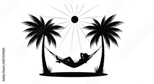 Palm trees hammock and sun rays create a relaxing tropical scene silhouette