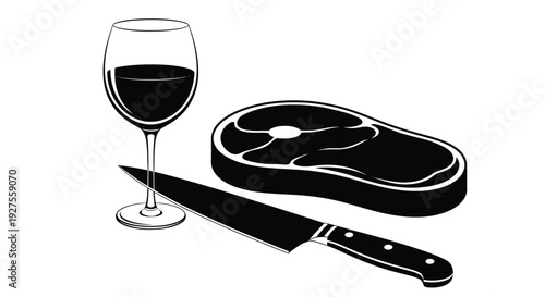 Wine glass steak and knife illustration in black and white showcasing a simple silhouette