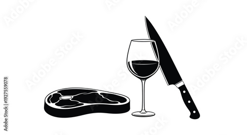 A black and white illustration depicting steak wine glass and knife presented as a silhouette