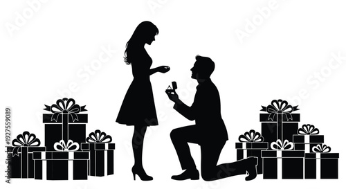 Woman standing near a kneeling man with presents romantic proposal scene silhouette
