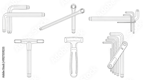 Allen Key Collection – Hex Key Wrench Set Technical CAD Line Art Illustration