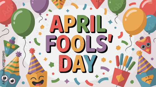 Colorful april fools' day celebration with balloons confetti and party hats on white background