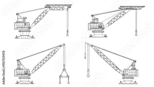 Industrial Crane Collection – Tower and Mobile Cranes CAD Line Art Engineering Set