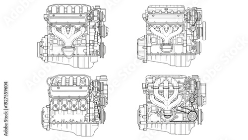 Technical Drawings of Engine Components from Various Angles and Perspectives
