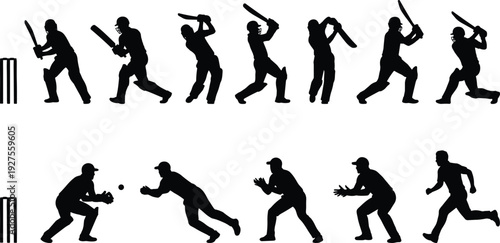 Cricket players silhouettes showing batting and fielding action poses, isolated on white background, sports vector illustration set professional cricket action collection design