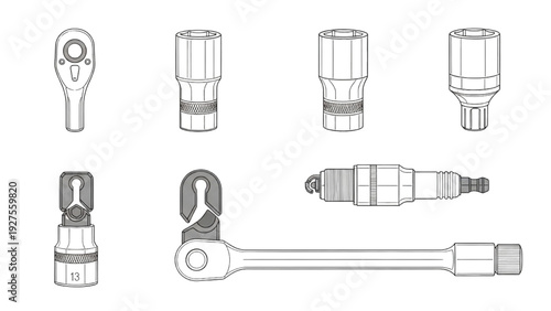 Socket Set Collection – Ratchet, Deep and Impact Sockets Technical Line Art CAD Illustration
