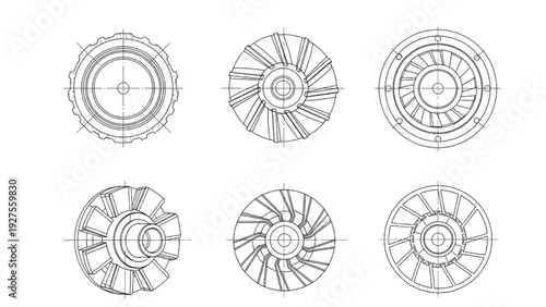 Industrial Pump Impellers Collection – 6 Types Technical CAD Line Art Engineering Set