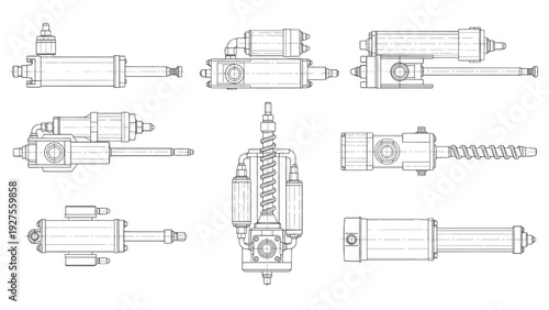 Industrial Linear Actuators Collection – 9 Types Technical CAD Line Art Engineering Set