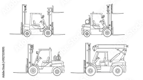Forklifts operating in warehouse from various angles shown in line drawings