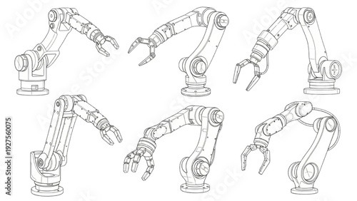Robotic arms in various positions illustrated in a technical drawing style