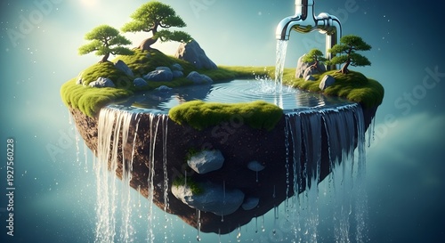Floating island with green grass, small trees, a pond, and a chrome faucet pouring water, with waterfalls cascading down the sides, against a light blue sky