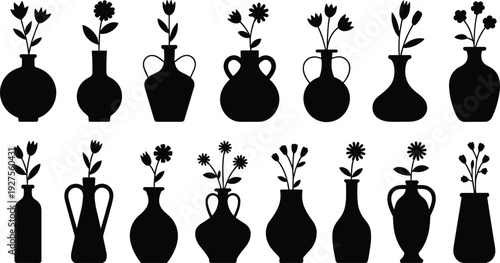 Decorative flower vase silhouette collection with blooming plants, black vector illustration set, home decor elements isolated on white background