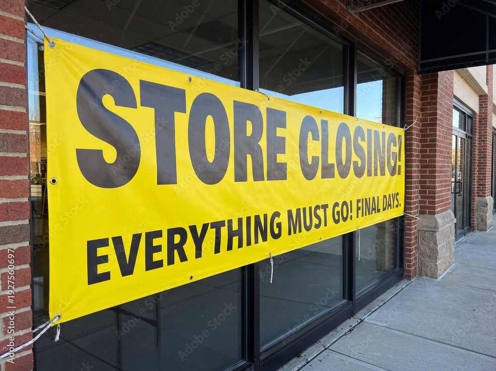 Fototapeta premium Yellow store closing banner hanging on a retail storefront window