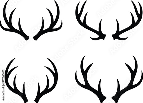 Deer antlers silhouette set, black stag horn collection isolated on white background, hunting trophy symbol vector illustration design