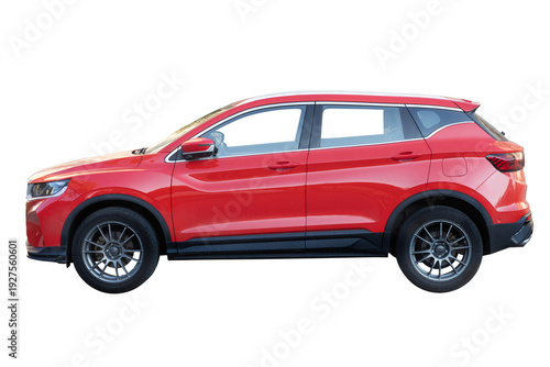 Red compact crossover SUV side view isolated on white background. Clean cut out vehicle for transportation, travel, rental, dealership ads, design templates