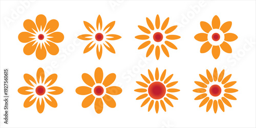 Stylized Orange Daisy Flowers with Red Centers, Simple Geometric Designs, Isolated on White Background.