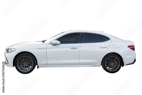 White luxury coupe fastback side view isolated on white background. Clean cut out sports style car for premium automotive ads, rental, dealership promotions, web design templates and mockups.
