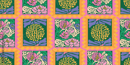Happy Mother's Day seamless pattern with retro stamps with blooming flowers and funky 1970s typography. Colorful vector floral background, perfect for spring holiday decor, mothers day cards, and fest