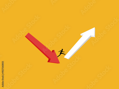 businessman dodged the falling arrow and jumped toward the upward arrow